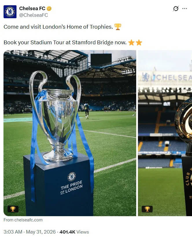 Vẫn là đội bóng duy nhất của London từng vô địch Champions League! Chelsea: Hãy đến tham quan nhôi nhà của cúp tại London Vẫn là đội bóng duy nhất của London từng vô địch Champions League! Chelsea: Hãy đến tham quan nhôi nhà của cúp tại London